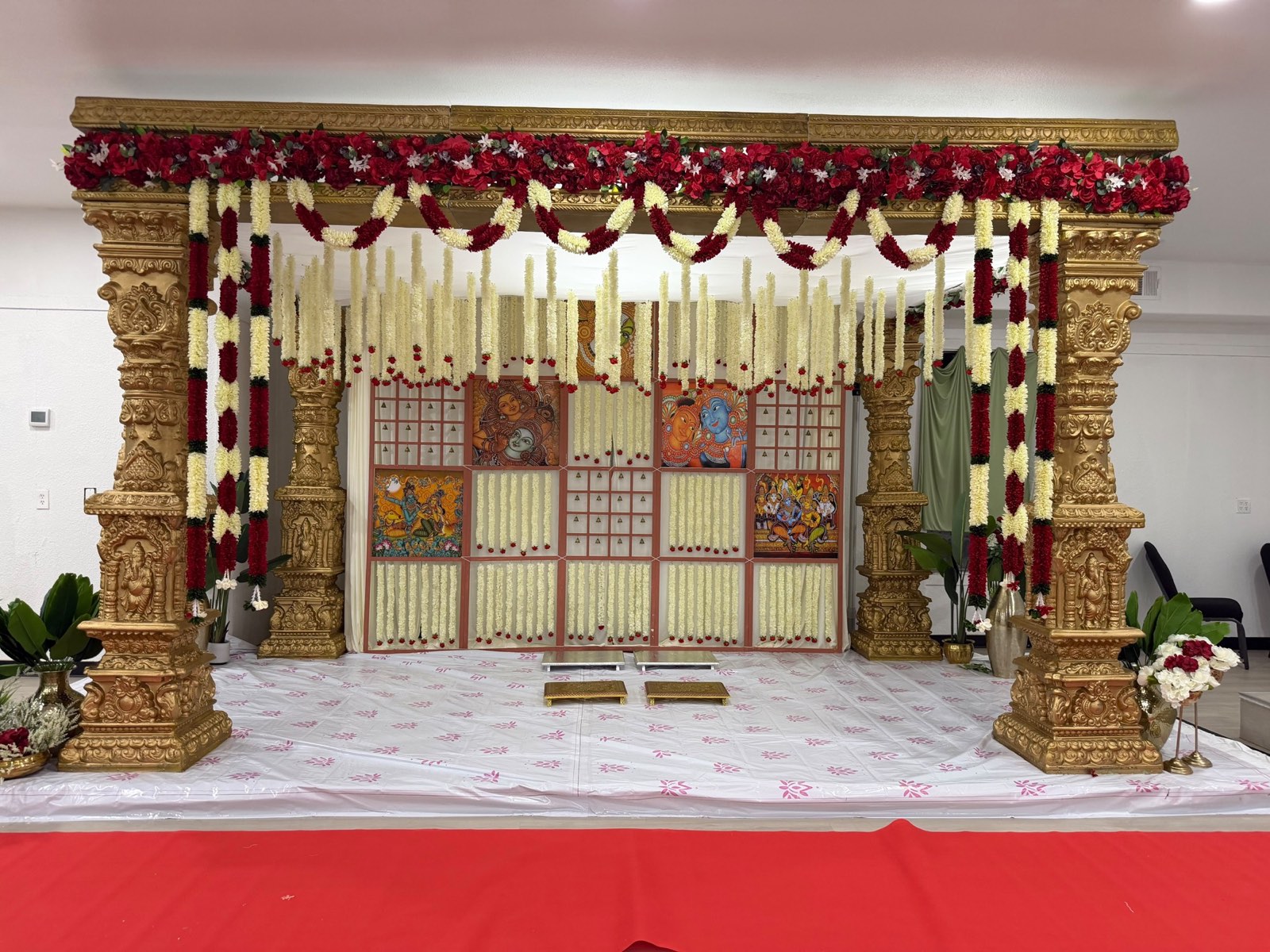 Gold Pillar Wedding Mandap with Garlands