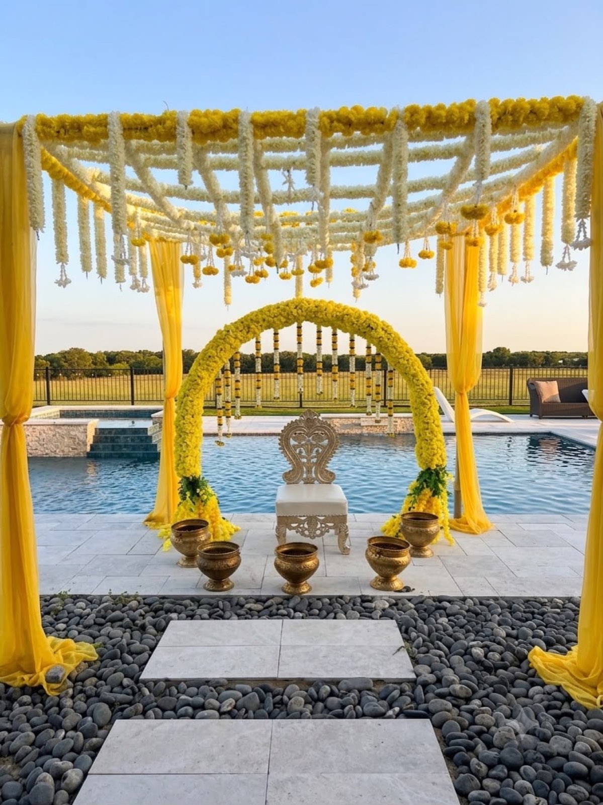 Poolside Haldi Setup with Marigold Canopy